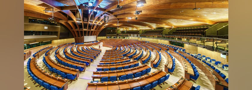 The Hemicycle of the Parliamentary Assembly of the Council of Europe, PACE. The CoE is an organisation whose aim is to uphold human rights, democracy and the rule of law in Europe