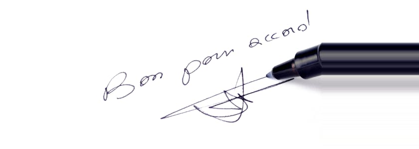 Photographie d'un stylo signant sous le texte Bon pour accord