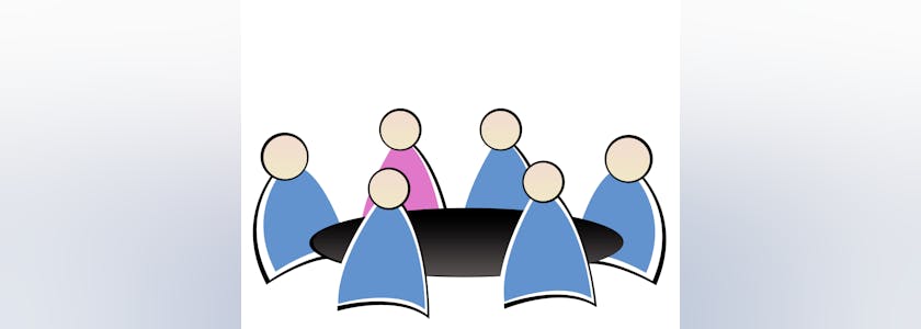 Dessin de personnages autour d'une table une en rose, cinq en bleu