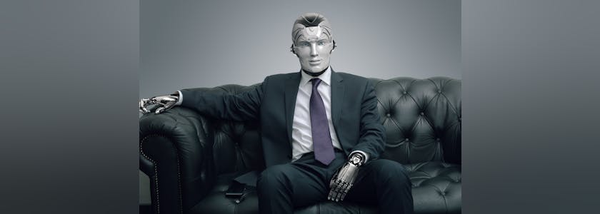 Robot businessman sitting on leather sofa, artificial intelligen