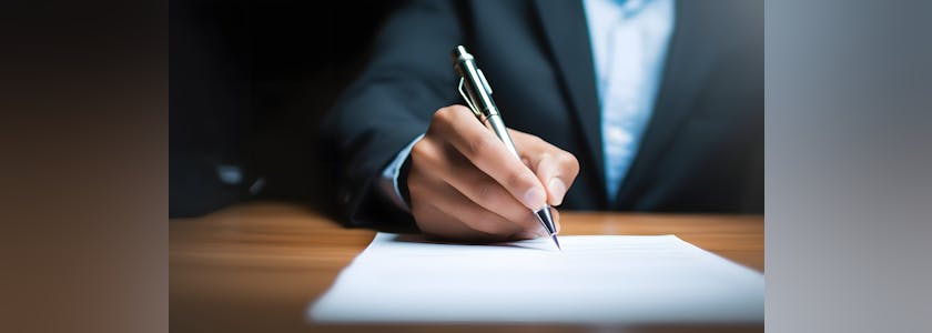 Businessman use pen to tick correct sign mark in checkbox for qu
