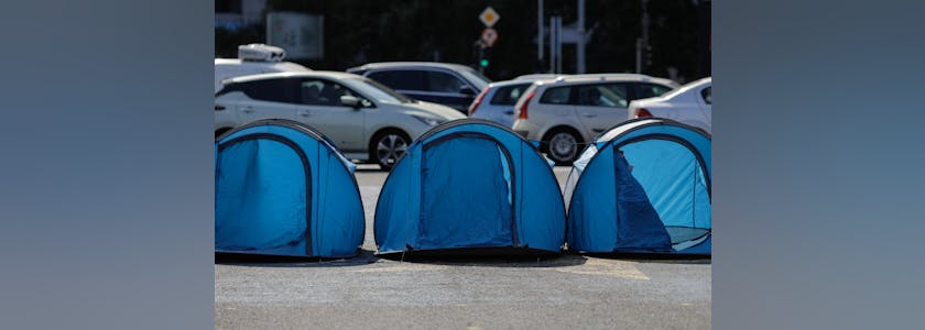 Tents on the pavement during a protest