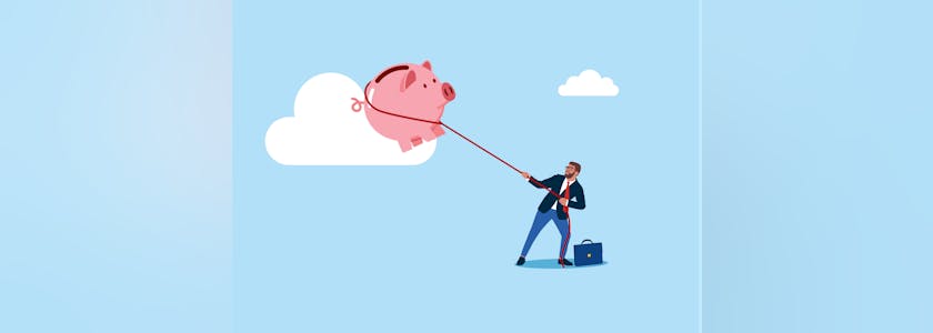Businessman pulling the Pink piggy bank. Working, Achievement. Modern vector illustration in flat style