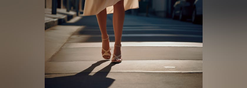 legs of a girl in a dress who walks along the road