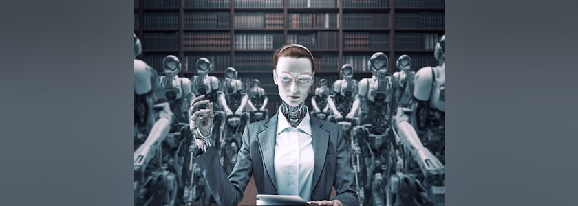 The lawyer works with an artificial intelligence assistant. Generative AI