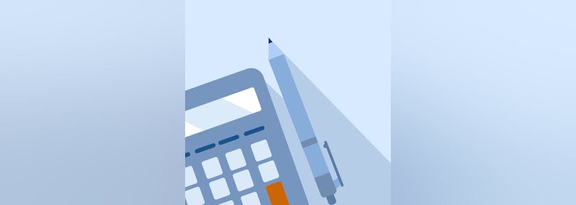 concept of financial activity, accounting, tax calculation or saving and investment, black calculator with pen on blue background, flat vector illustration.