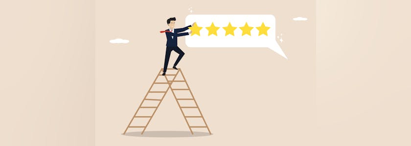 5 star award, product comment giving, best rating, good award, client give five star feedback review. Smart entrepreneur brings 5 ​​stars up the ladder.