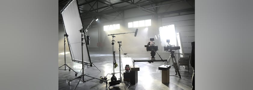 Profesional video studio.Behind-the-scenes of a video shooting.B