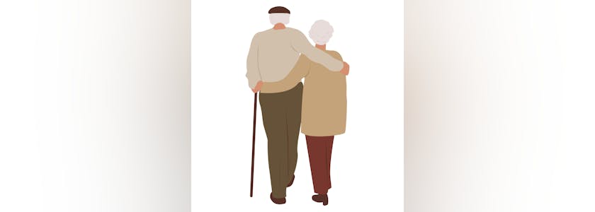 Vector image of a couple of elderly people on a white background. View from the back. Happy old age. An old man and an old woman are walking in an embrace.