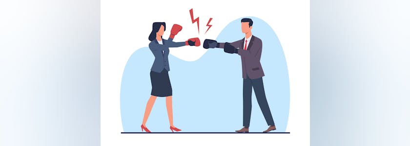 Businessman and woman in boxing gloves fighting each other. Male and female business characters in suit. Confrontation between partner or colleague. Cartoon flat isolated vector concept