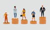 Rich and poor people with different salary, income or career growth unfair opportunity. Concept of financial inequality or gap in earning. Flat vector cartoon illustration isolated.