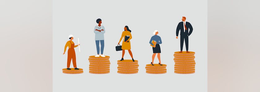 Rich and poor people with different salary, income or career growth unfair opportunity. Concept of financial inequality or gap in earning. Flat vector cartoon illustration isolated.