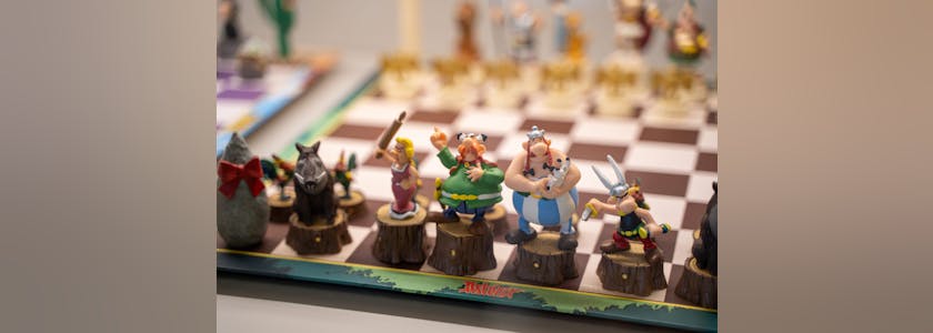 Asterix chess set. Chess set at Gokyay Foundation Chess Museum. Ankara, Turkey – September 21, 2023.