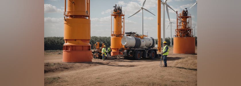 At a construction site, an engineer maintains wind turbines and inspects a renewable electricity generator. A man in a hard hat and reflective vest stands next to a wind farm
