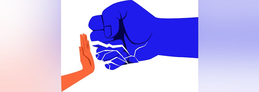 Abuser’s fist shatters into fragments on the resisting palm, EPS 8 vector illustration