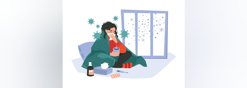 Disease. The girl has a cold, sits wrapped in a blanket, with a handkerchief and a mug of tea. Vector image.