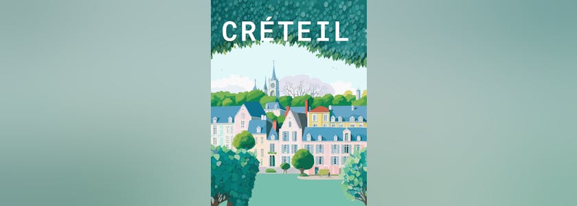 Créteil: Retro tourism poster with a French landscape and the headline Créteil / Île-de-France
