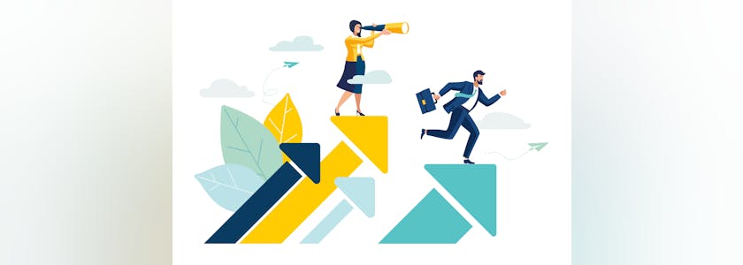 teamwork vision path goal success. study horizons company work finding ways develop. people stand profit, growth arrows look binoculars, big telescope spyglass in search new ideas vector illustration