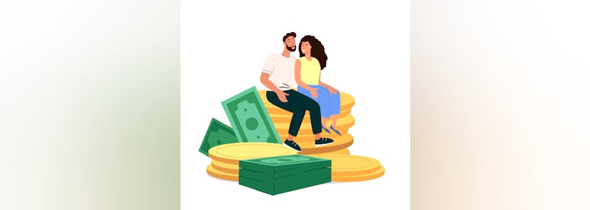 Happy Young Male,Female Characters Sitting on Huge Pile of Golden Coins.Concept of Financial Wealth,Pension Savings,Wealthy Retirement,Joyful Family.Financial Stability People Vector Illustration