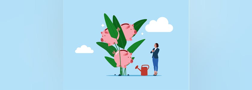 Woman finish watering growing money plant seedling with piggy bank flower. Financial and investment growth, increase earning profit, success in wealth management. Flat vector illustration