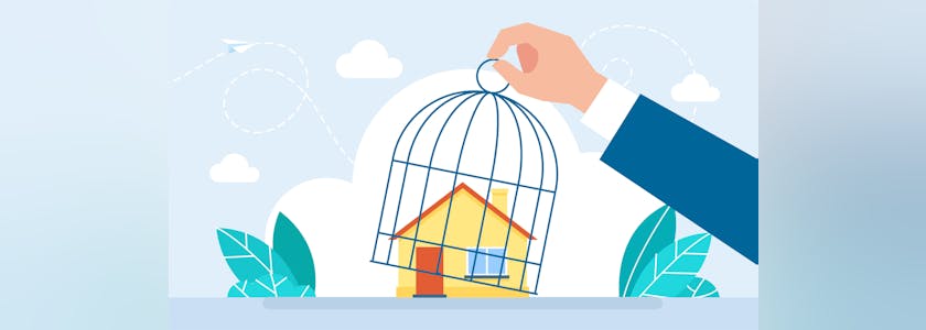 The locked house inside the cage. Hand lifting a cage of house. The concept of rent, credit, seizure of real estate. Removal of restrictions, fines. Real estate concept. Vector flat illustration