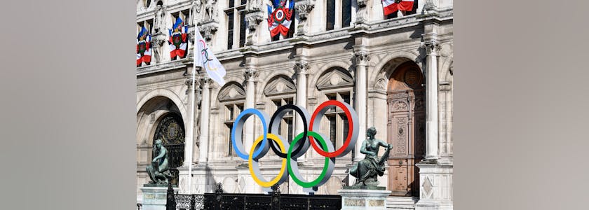 Olympic rings (circles) logo illustration for the next Olympic Games (Paris 2024) at Hotel de Ville (City Hall), Paris, France, on September 6, 2021.