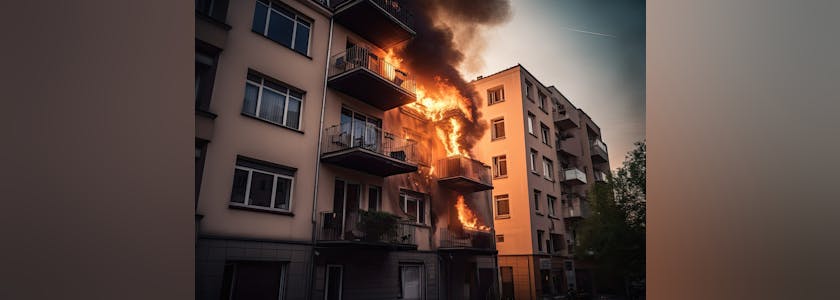 fire in the apartment. flames engulf an apartment in a multi-story building. Generative AI