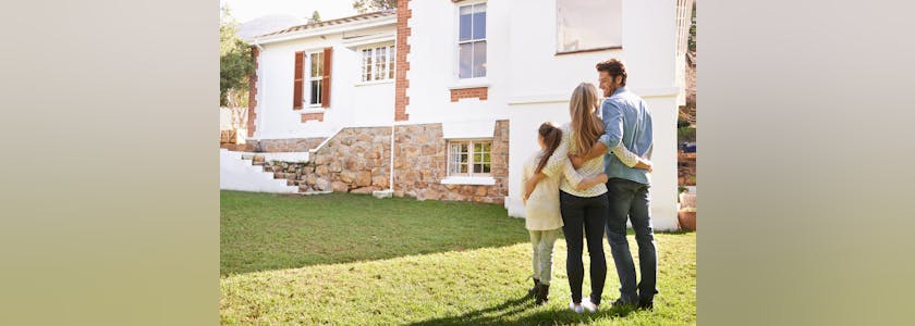 New house, love or happy family hug for real estate, property or dream home purchase, sale or investment. Mortgage, people moving or back of outdoor parents, child or homeowner embrace for relocation