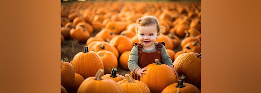 Cute and adorable baby’s and kids sit-in in Pumpkin patch with rows of pumpkins in all shapes and sizes, providing the perfect backdrop for fall-themed photos – Generative AI