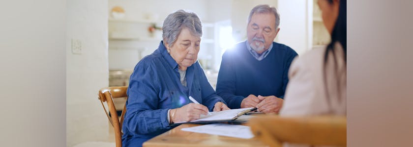 Will, paper or old couple with contract to sign application or writing on document for life insurance. Senior people, lawyer or client signature for legal form compliance or title deed agreement