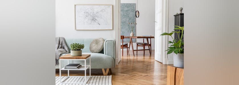 Stylish scandinavian living room with design mint sofa, furnitur