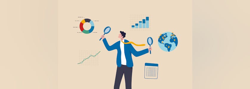 Business analysis, calculate or research for market growth, financial report, investment data or sale information concept, smart businessman analyst holding magnifying glass analyze graph and chart.