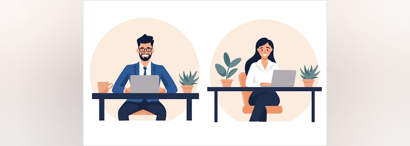 Set of flat vector illustrations. man and woman happy sitting at desk in office. Concept of favorite work. Vector illustration