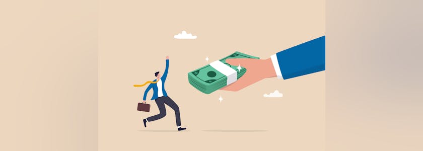 Getting paid, salary, wages payment or bonus, reward or employee benefits, tax refund or investment profit earning, loan or mortgage concept, business man hand giving money banknote to happy employee.